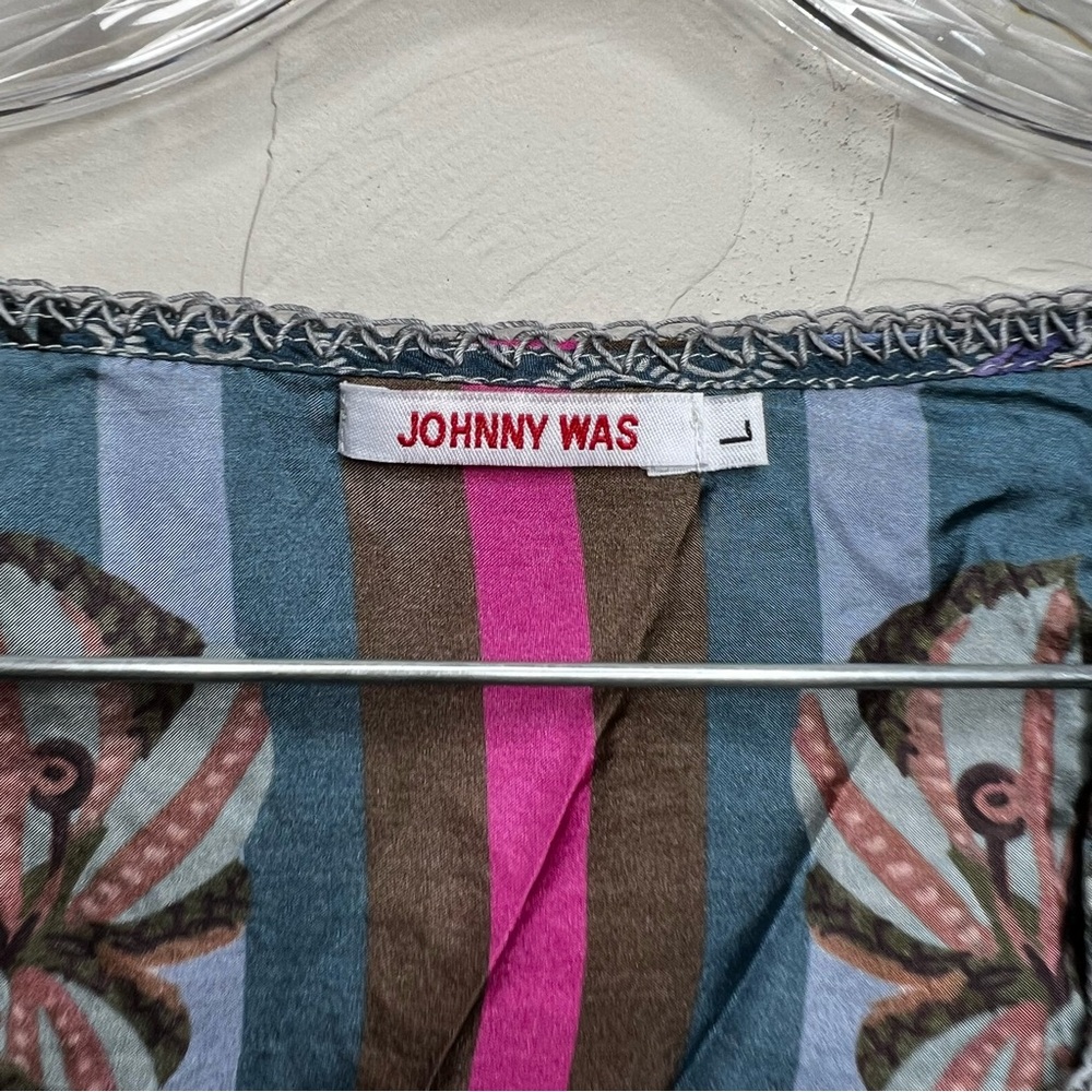 Johnny Was‎ Aran Georgia 100% Silk Floral Boho Ruched  Sleeves Tassel Trim Top - Picture 7 of 14